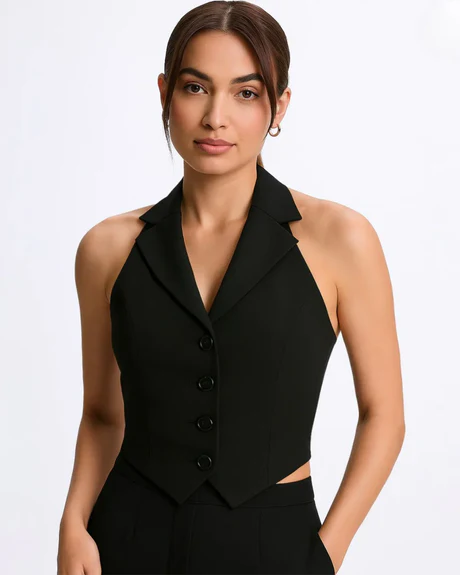 Party Halter Neck Button Front Crop Top in Black - Image 2