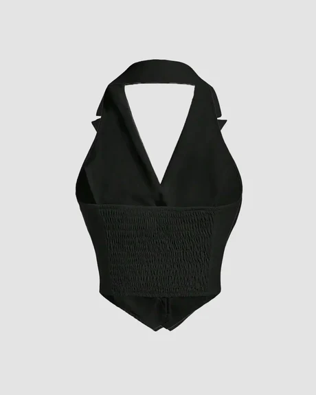 Party Halter Neck Button Front Crop Top in Black - Image 4