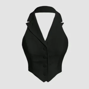 Party Halter Neck Button Front Crop Top in Black