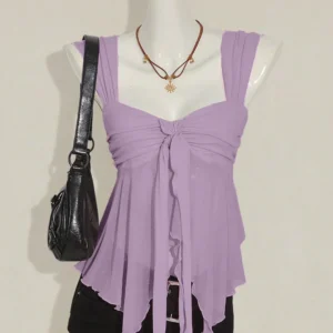 V-Neck Layered Ruffle Tie Front Sleeveless Top in Purple